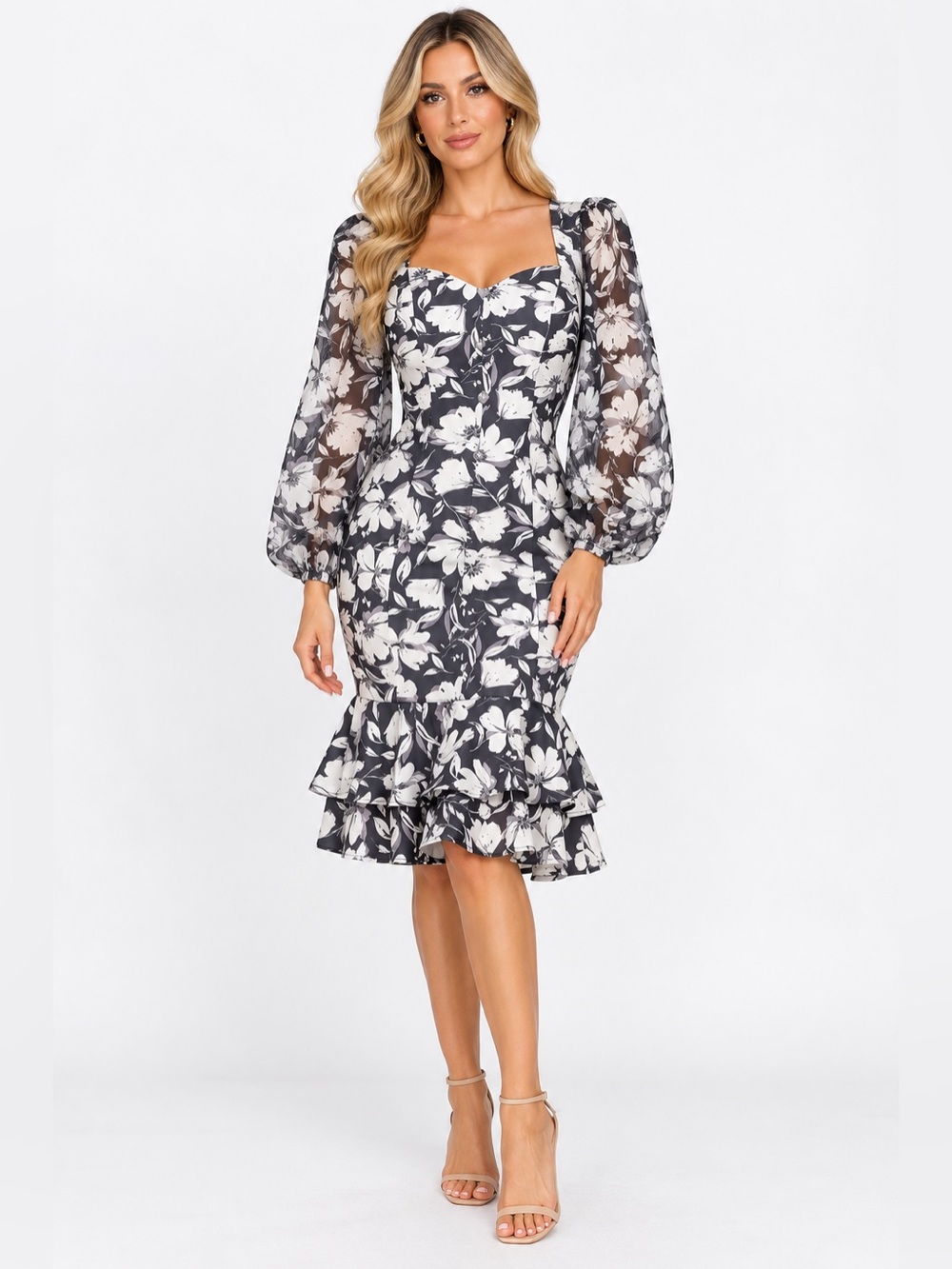 Black & White Floral Midi Dress with Sheer Puff Sleeves and Ruffle Hem